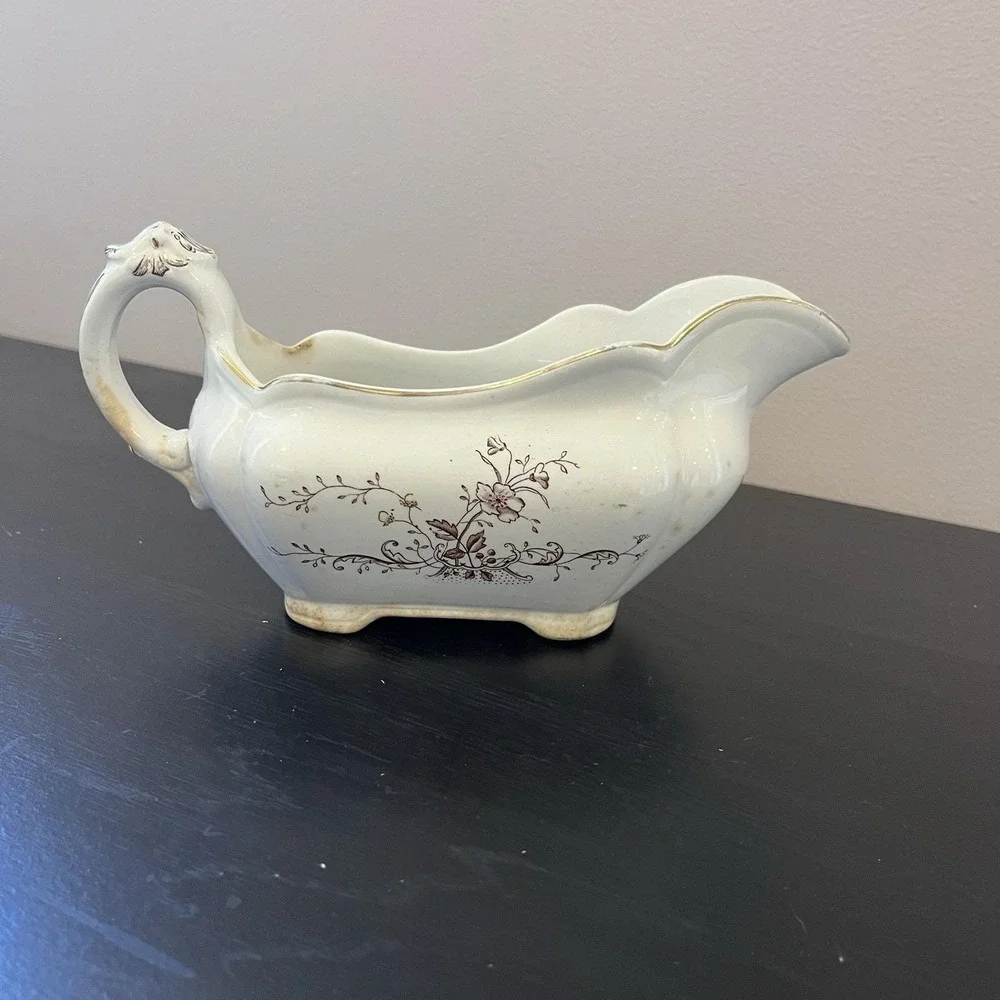Rufford Pottery England Ironstone Gravy Boat Brown Floral Antique‎ 1890-1910